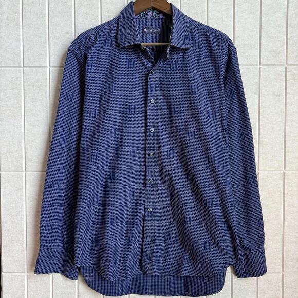 Marco Brunelli Blue 100% Cotton Geometric Pattern Button Up Shirt Mens Large L